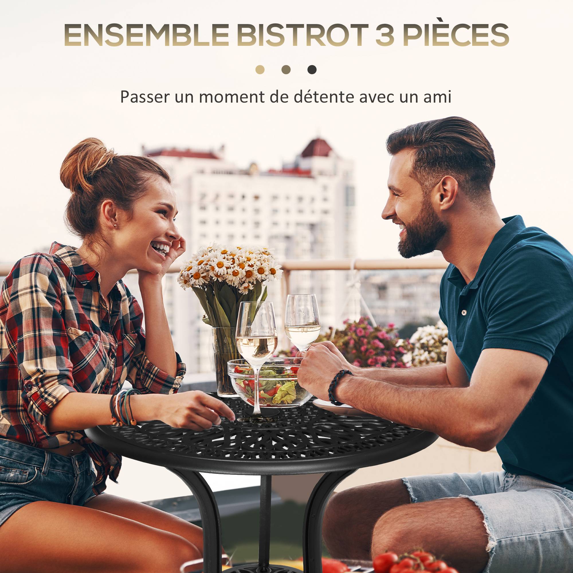 ComfortXL - Ensemble bistro 2 places fonte aluminium jardin terrasse trou parasol noir - ComfortXL Outdoor Living - Image 6