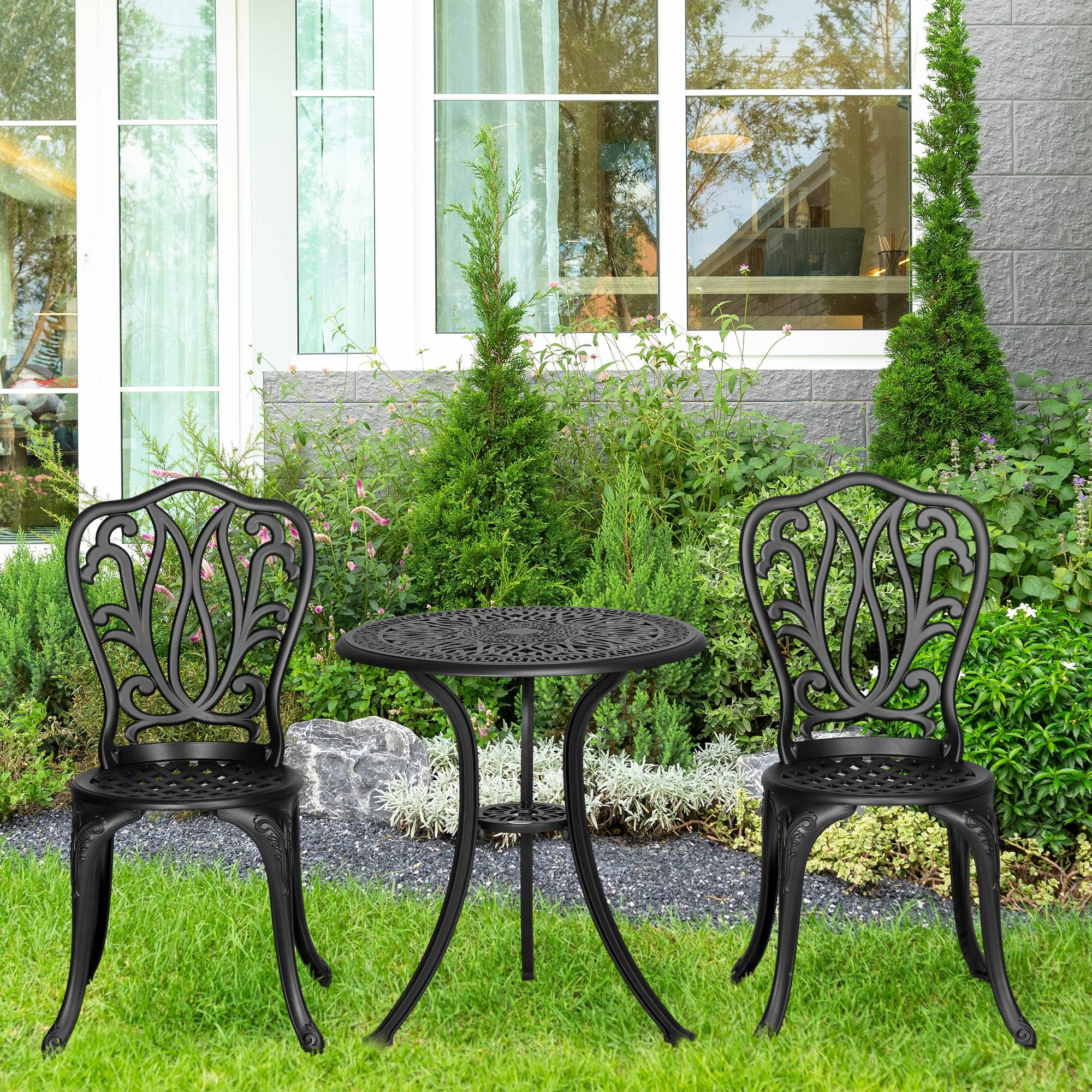 ComfortXL - Ensemble bistro 2 places fonte aluminium jardin terrasse trou parasol noir - ComfortXL Outdoor Living - Image 3