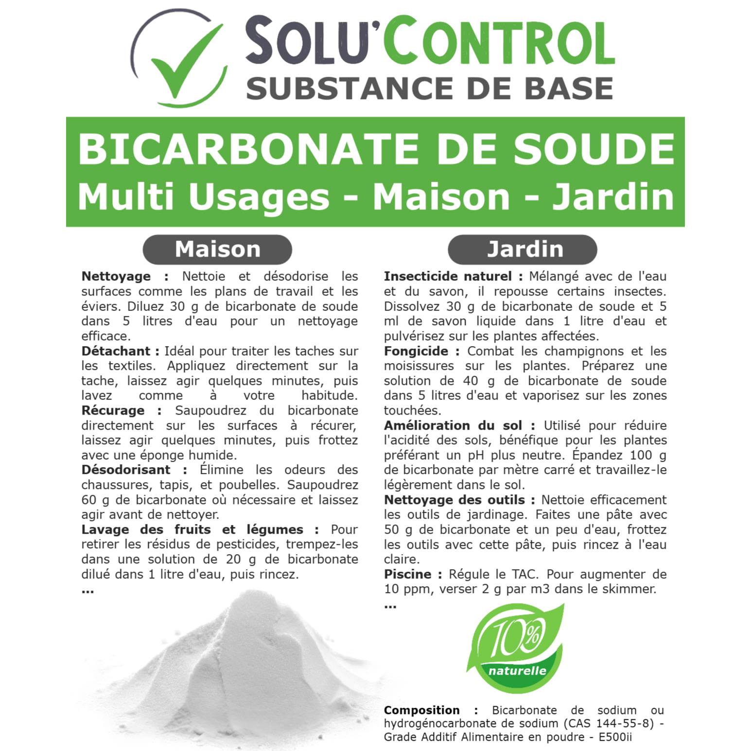 SOLU'CONTROL - 1,5 Kg de Bicarbonate de Soude Multi Usages, Maison et Jardin, 100% Naturel, Sachet Zip refermable - Image 3
