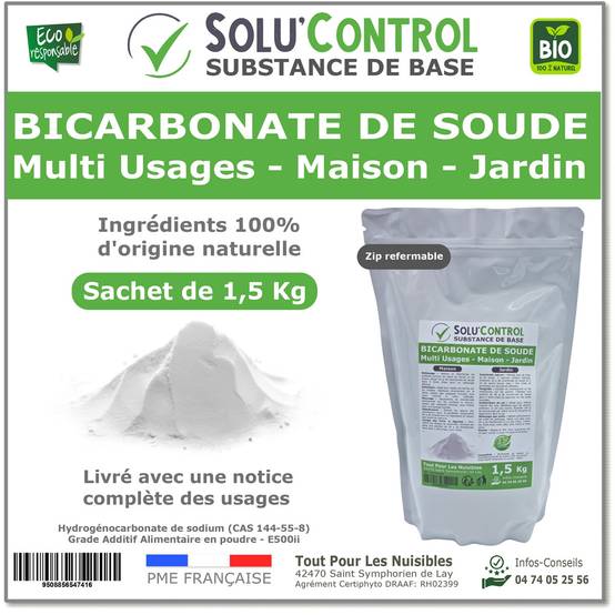 SOLU'CONTROL - 1,5 Kg de Bicarbonate de Soude Multi Usages, Maison et Jardin, 100% Naturel, Sachet Zip refermable - Image 1