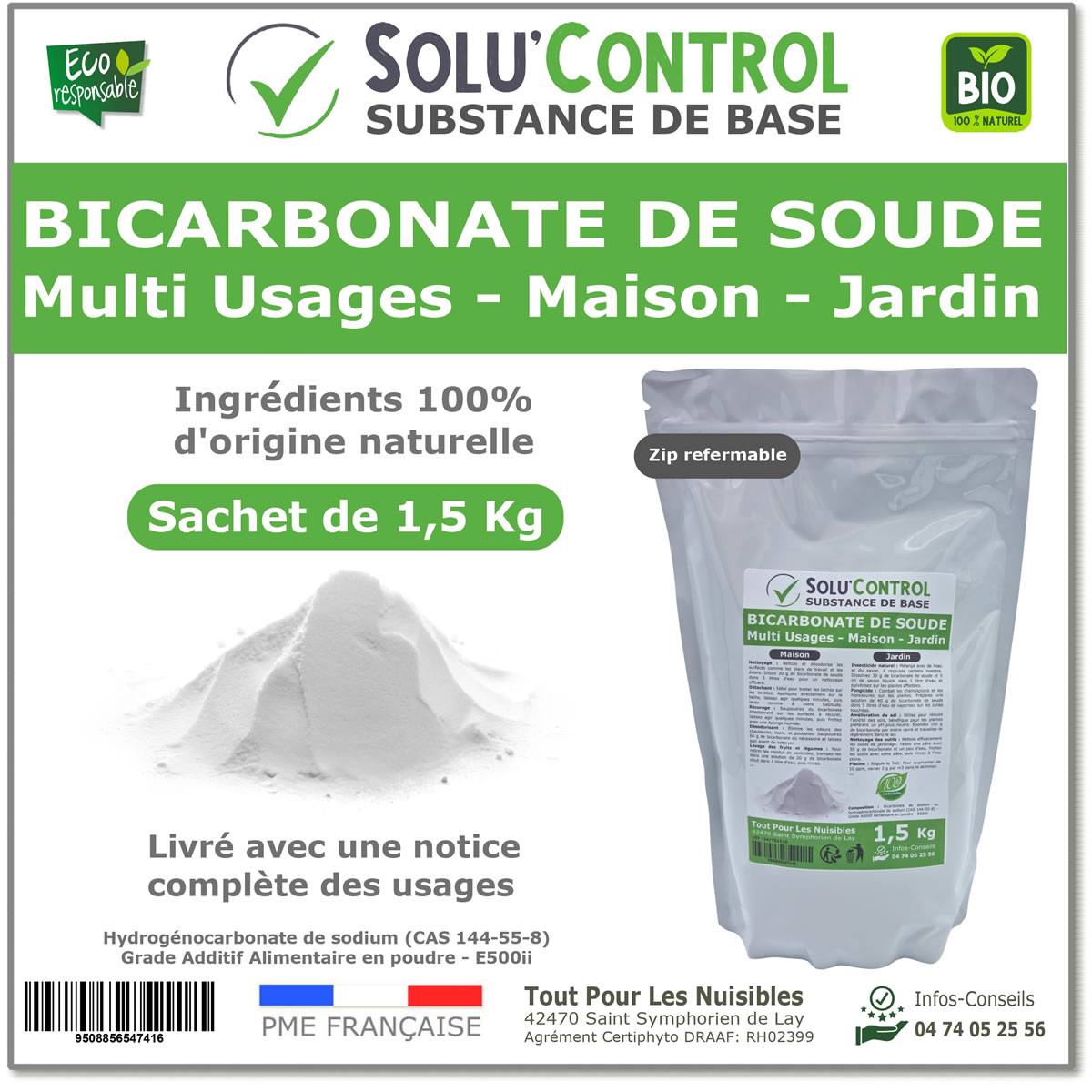 SOLU'CONTROL - 1,5 Kg de Bicarbonate de Soude Multi Usages, Maison et Jardin, 100% Naturel, Sachet Zip refermable - Image 1