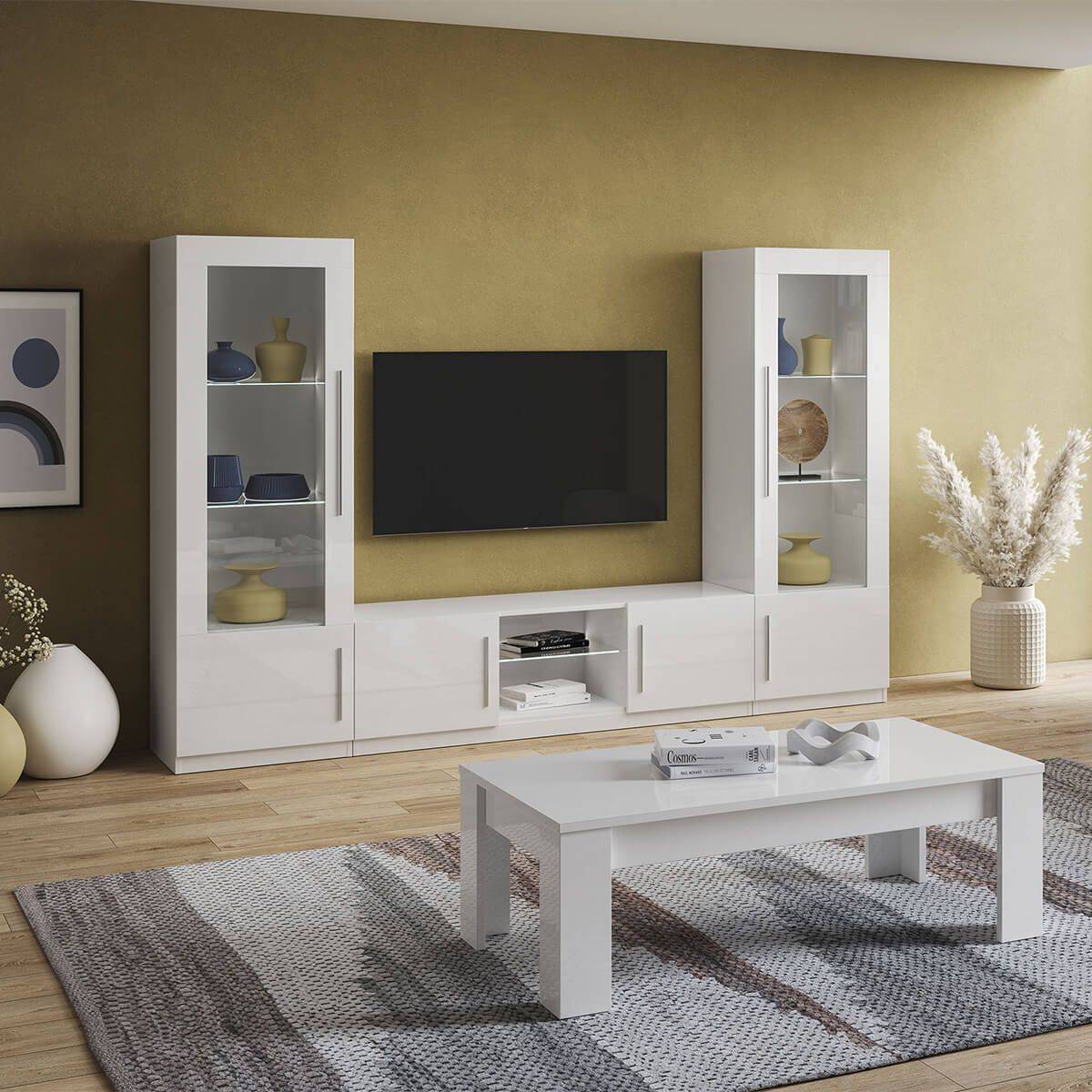 Ensemble Salon Complet Laqué Blanc Meuble TV et Vitrines avec Leds + Table Basse - CLARK - Image 2