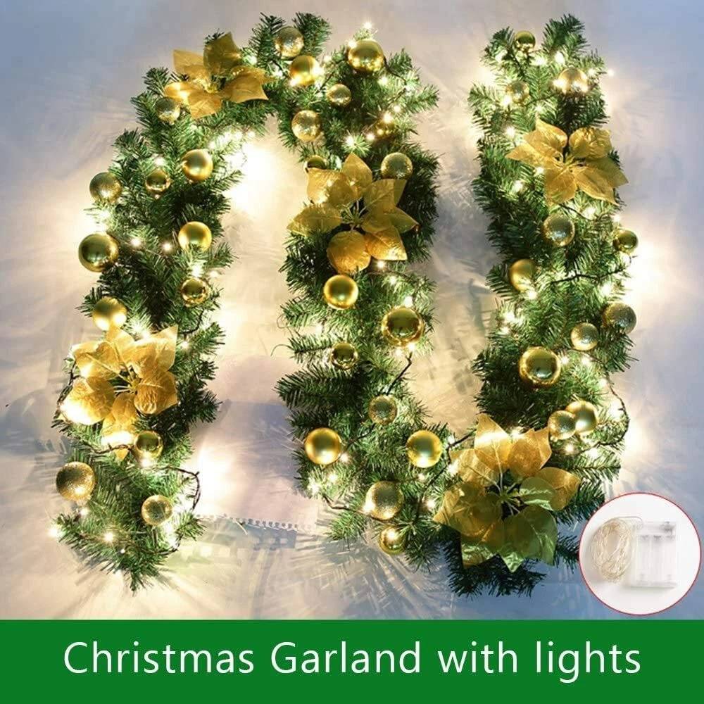 Guirlande de Noël 270 cm avec lumière LED, décoration de Noël, guirlande de fleurs artificielles dorées, vignes décoratives de Noël, couronne de Noël - Image 3