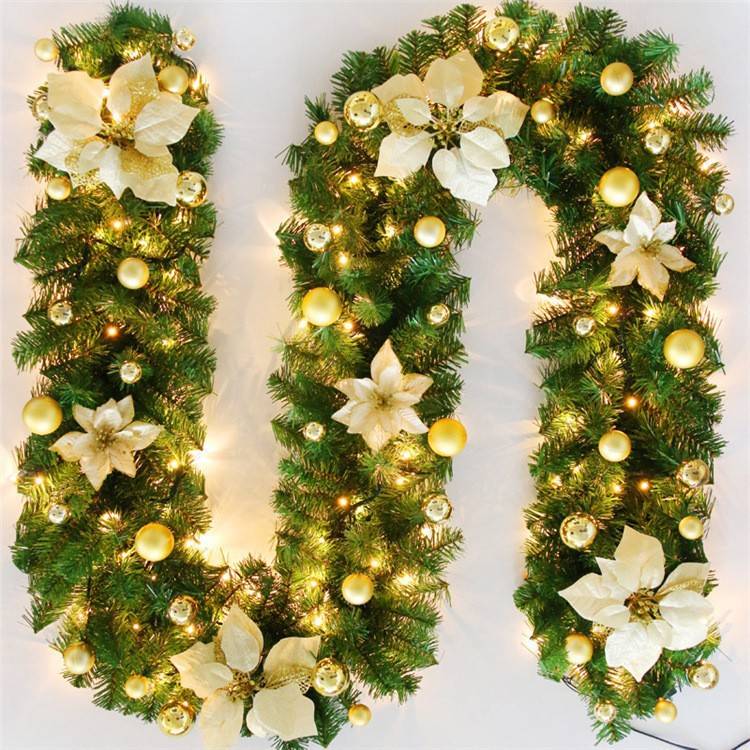 Guirlande de Noël 270 cm avec lumière LED, décoration de Noël, guirlande de fleurs artificielles dorées, vignes décoratives de Noël, couronne de Noël