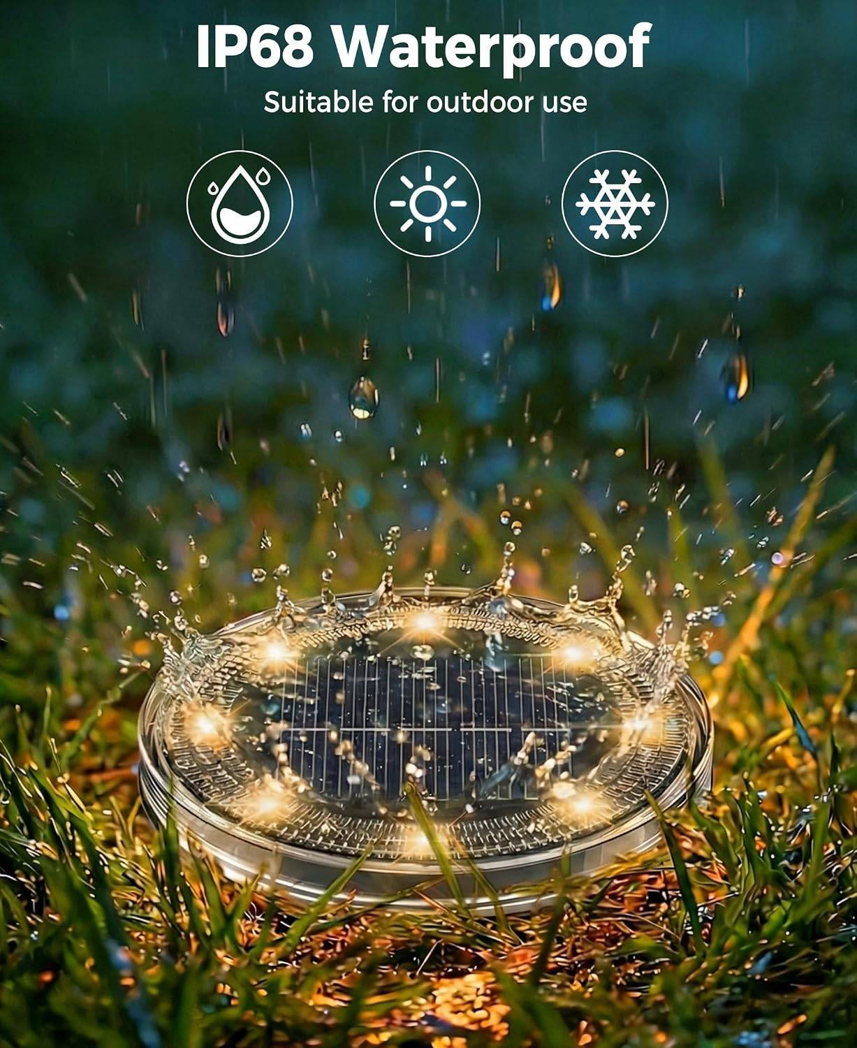 8 in 1 - Lot de 12 lampes solaires de sol à 8 LED, étanches IP68, pour allées, pelouses, terrasses, cours et jardins, blanc chaud - Image 4
