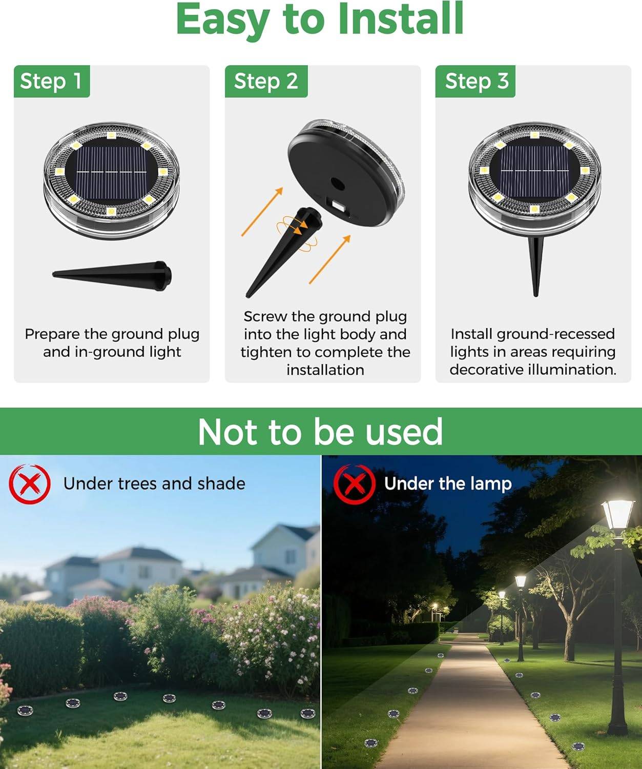 8 in 1 - Lot de 12 lampes solaires de sol à 8 LED, étanches IP68, pour allées, pelouses, terrasses, cours et jardins, blanc chaud - Image 5