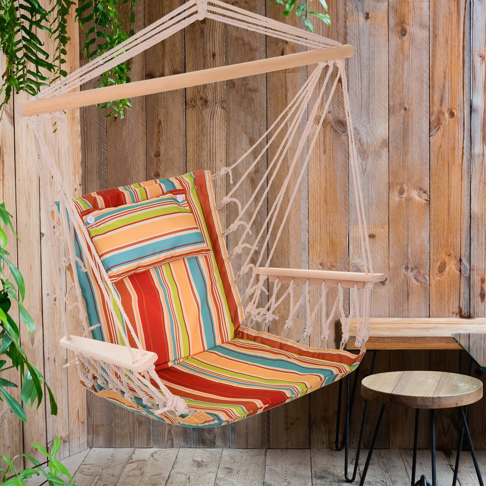 Fauteuil suspendu tissu bois jardin extérieur intérieur avec coussin multicolore - ComfortXL Outdoor Living - Image 3