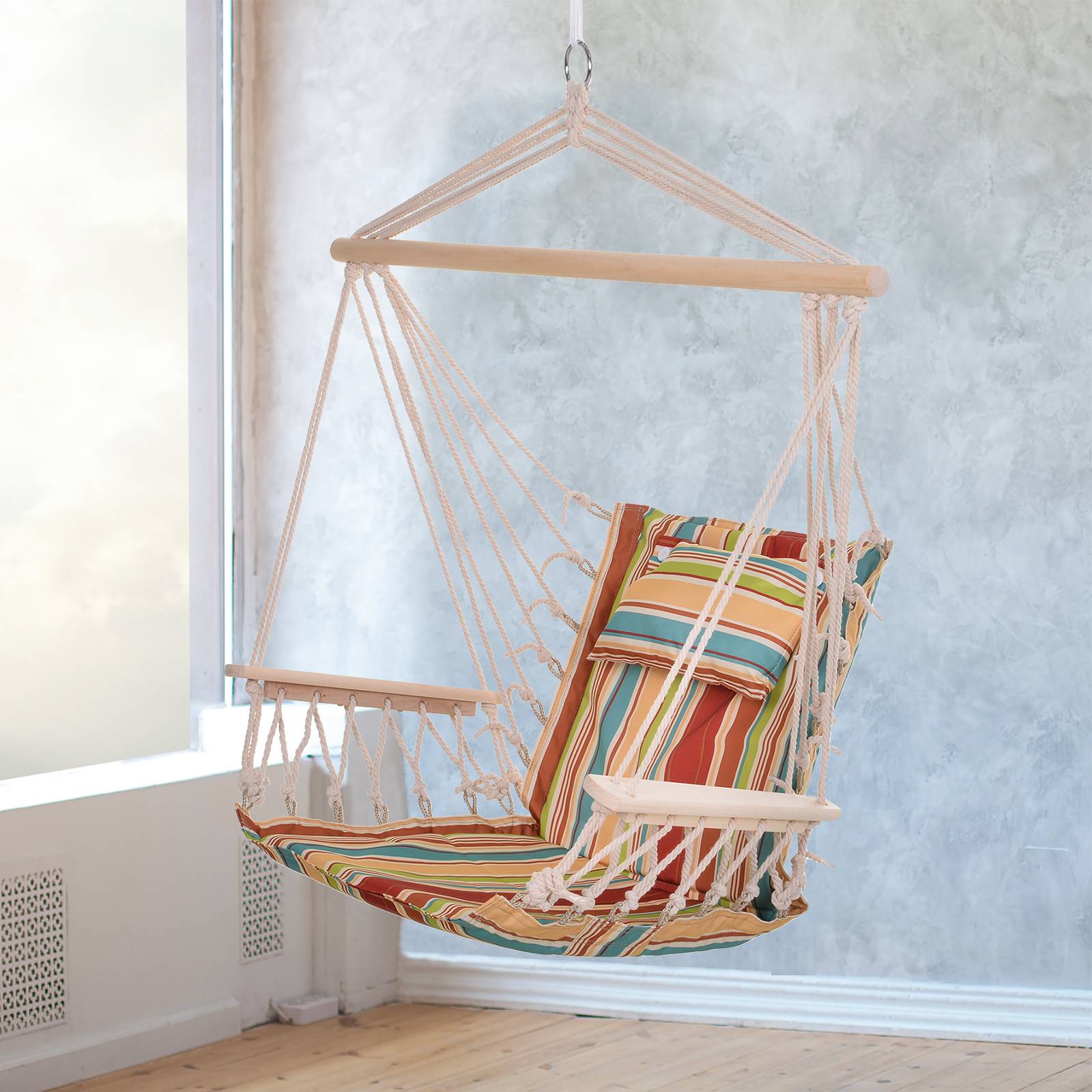 Fauteuil suspendu tissu bois jardin extérieur intérieur avec coussin multicolore - ComfortXL Outdoor Living - Image 4
