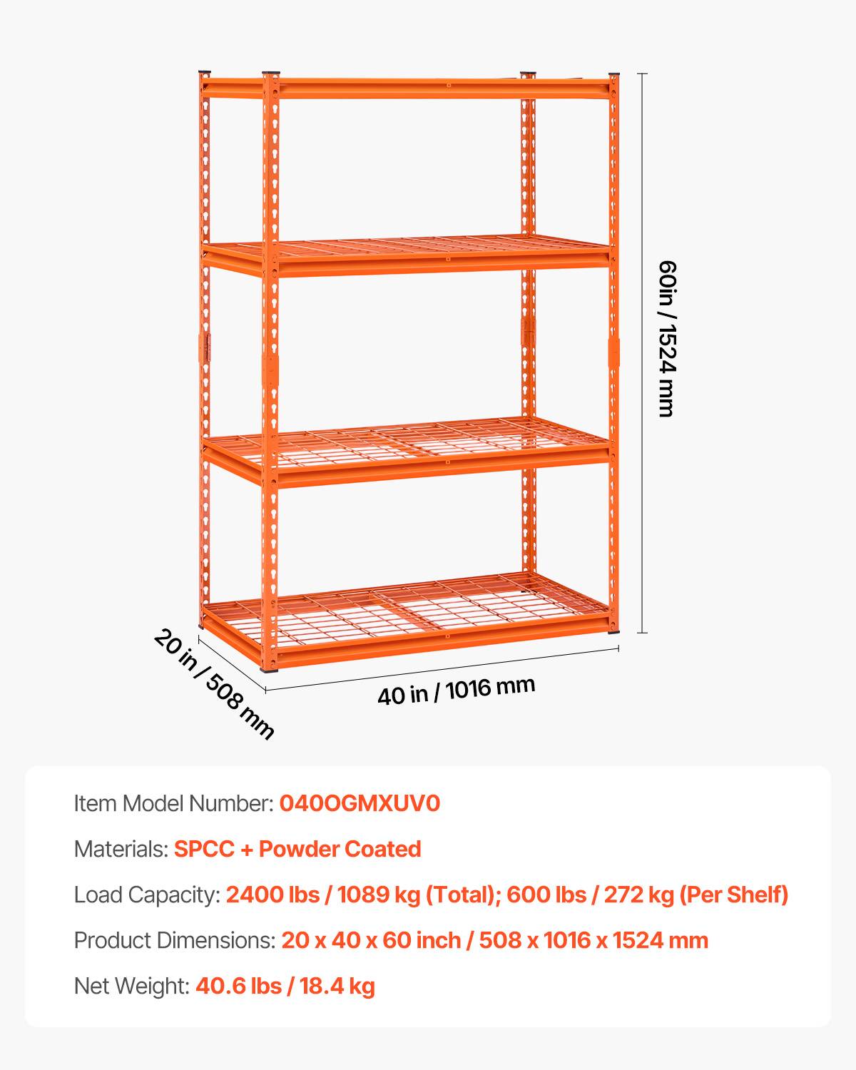 VEVOR Étagère rangement 1089kg, métal 4 niveaux, 508x1016x1524mm, orange. - Image 7