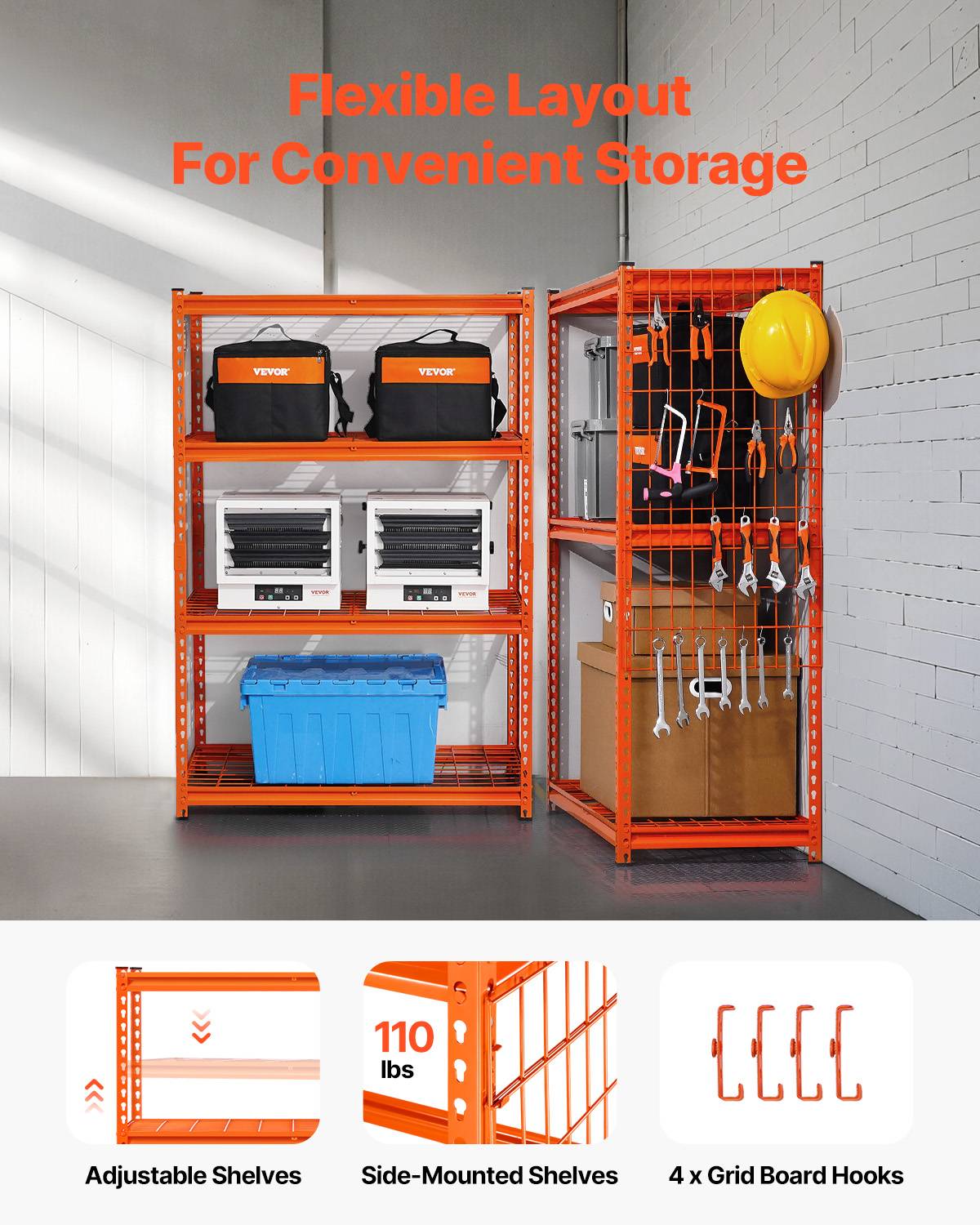 VEVOR Étagère rangement 1089kg, métal 4 niveaux, 508x1016x1524mm, orange. - Image 3
