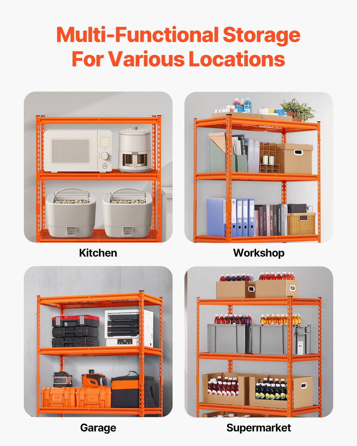 VEVOR Étagère rangement 1089kg, métal 4 niveaux, 508x1016x1524mm, orange. - Image 6