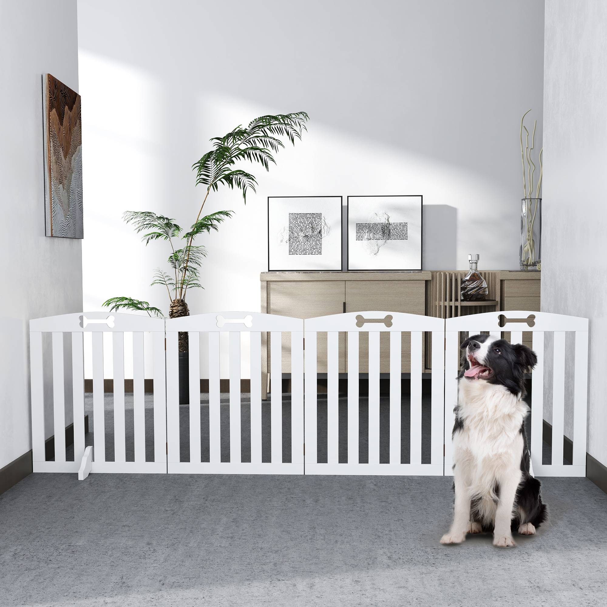 Barrière modulable MDF chiens intérieur 4 panneaux pieds antidérapants 207x61cm blanc - ComfortXL Outdoor Living - Image 4