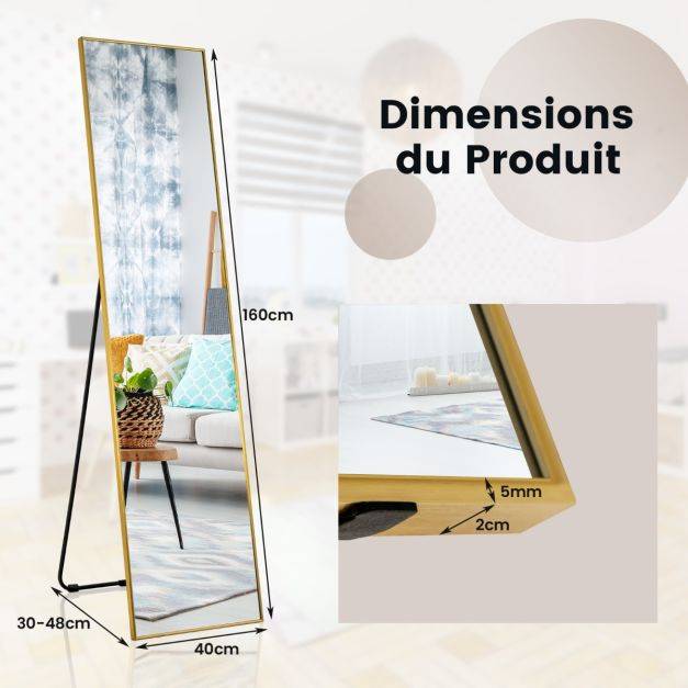 Helloshop26 - Miroir pleine longueur 160 x 40 cm miroir rectangulaire avec verre incassable et cadre en alliage d'aluminium pour chambre salon entrée or - Image 6