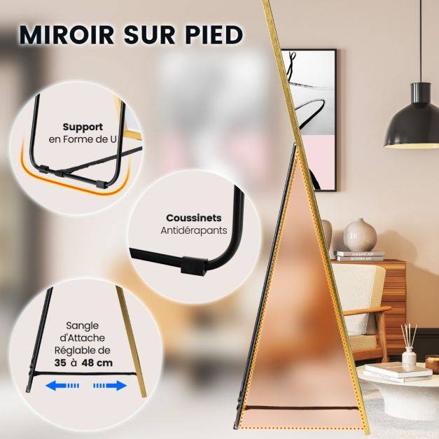 Helloshop26 - Miroir pleine longueur 160 x 40 cm miroir rectangulaire avec verre incassable et cadre en alliage d'aluminium pour chambre salon entrée or - Image 5