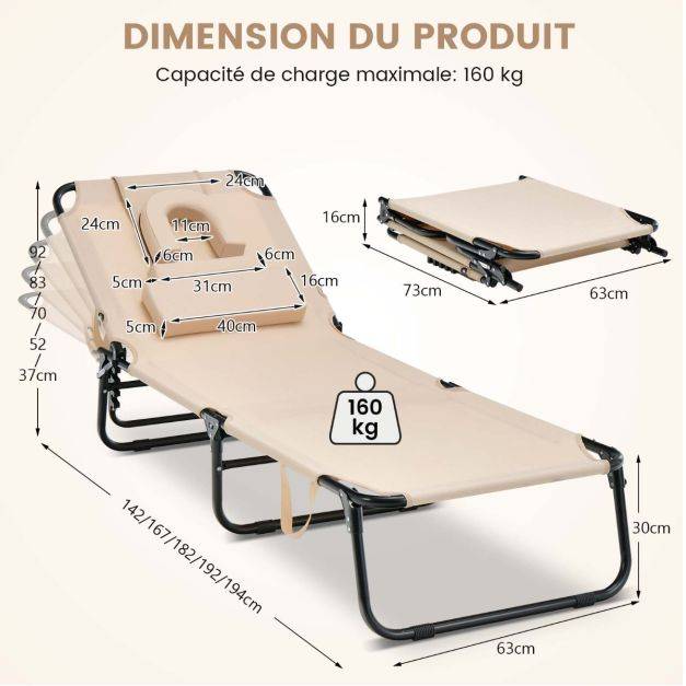Helloshop26 - Chaise longue transat de bronzage pliante face vers le bas de plage avec trou pour le visage transat solide pour bain de soleil beige - Image 4