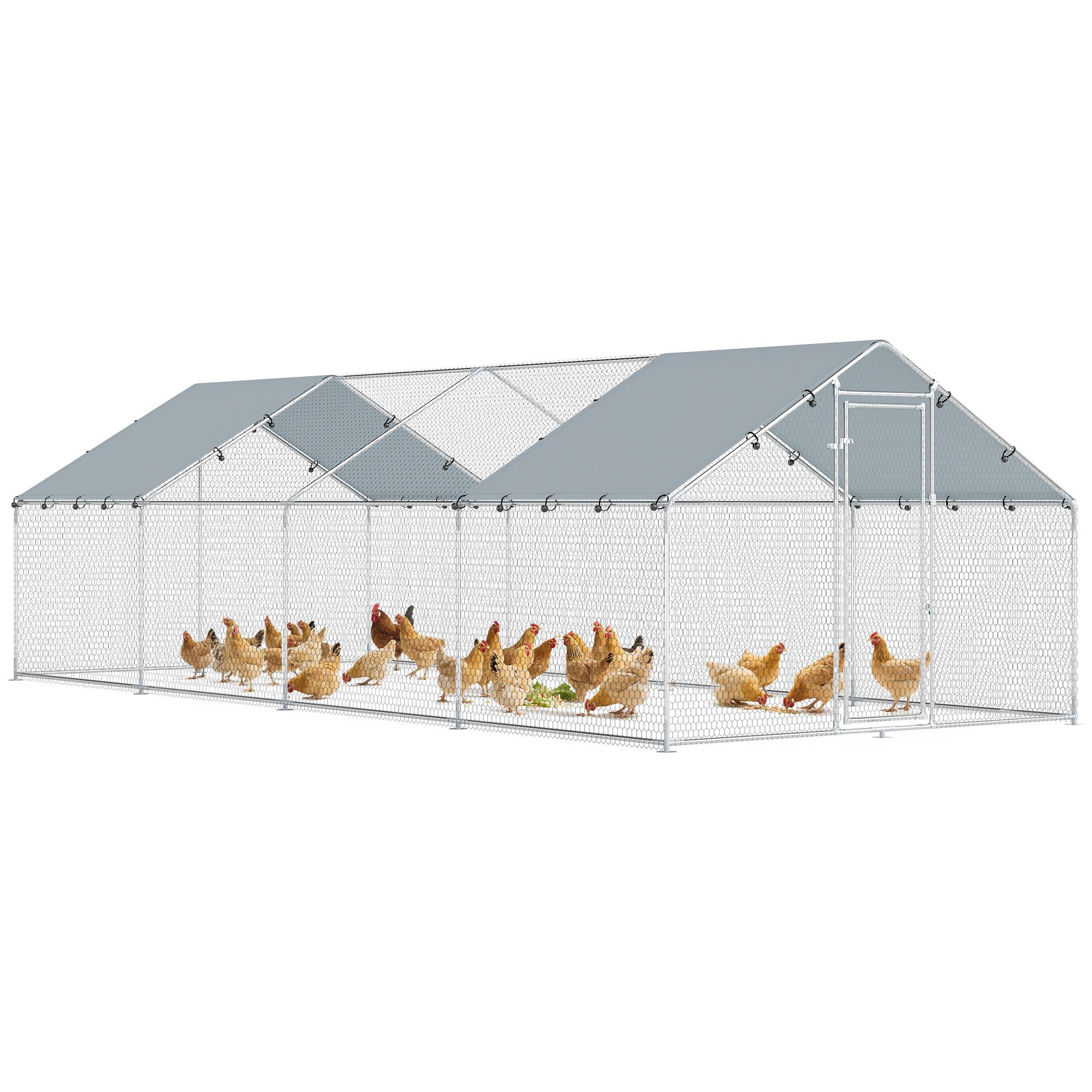 Grand poulailler d'extérieur en acier galvanisé 6,8 x 3 x 1,9 m (20,4 m²) avec bâche en tissu Oxford et serrure argentée - Image 1