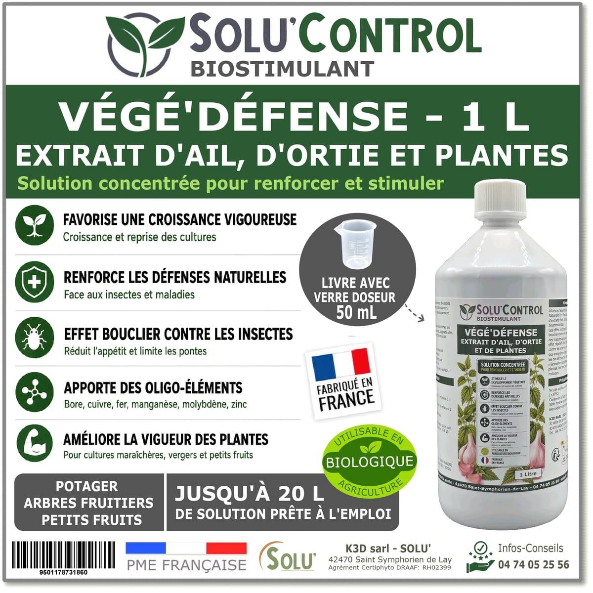 Tout pour les nuisibles - Biostimulant Concentré à l'Extrait d'Ail, d'Ortie et de Plantes Solu'Control Vége'Défense – 1 litre – Renforce les Défenses Naturelles des Plantes - Image 1