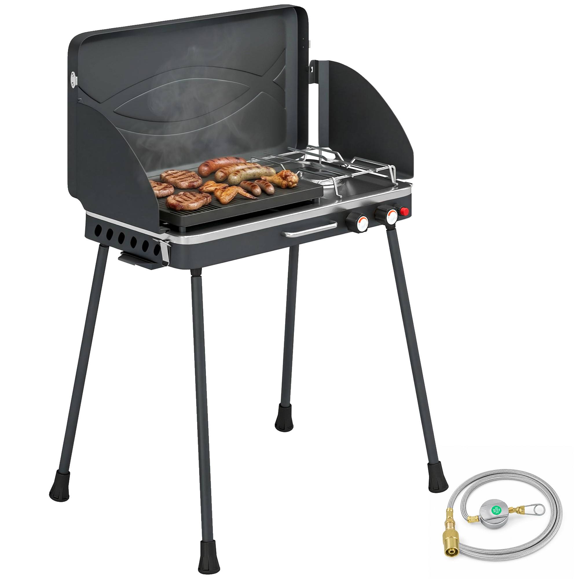 Sans Marque - Barbecue portable 2en1 au propane avec grill et réchaud 7kW noir - Image 1