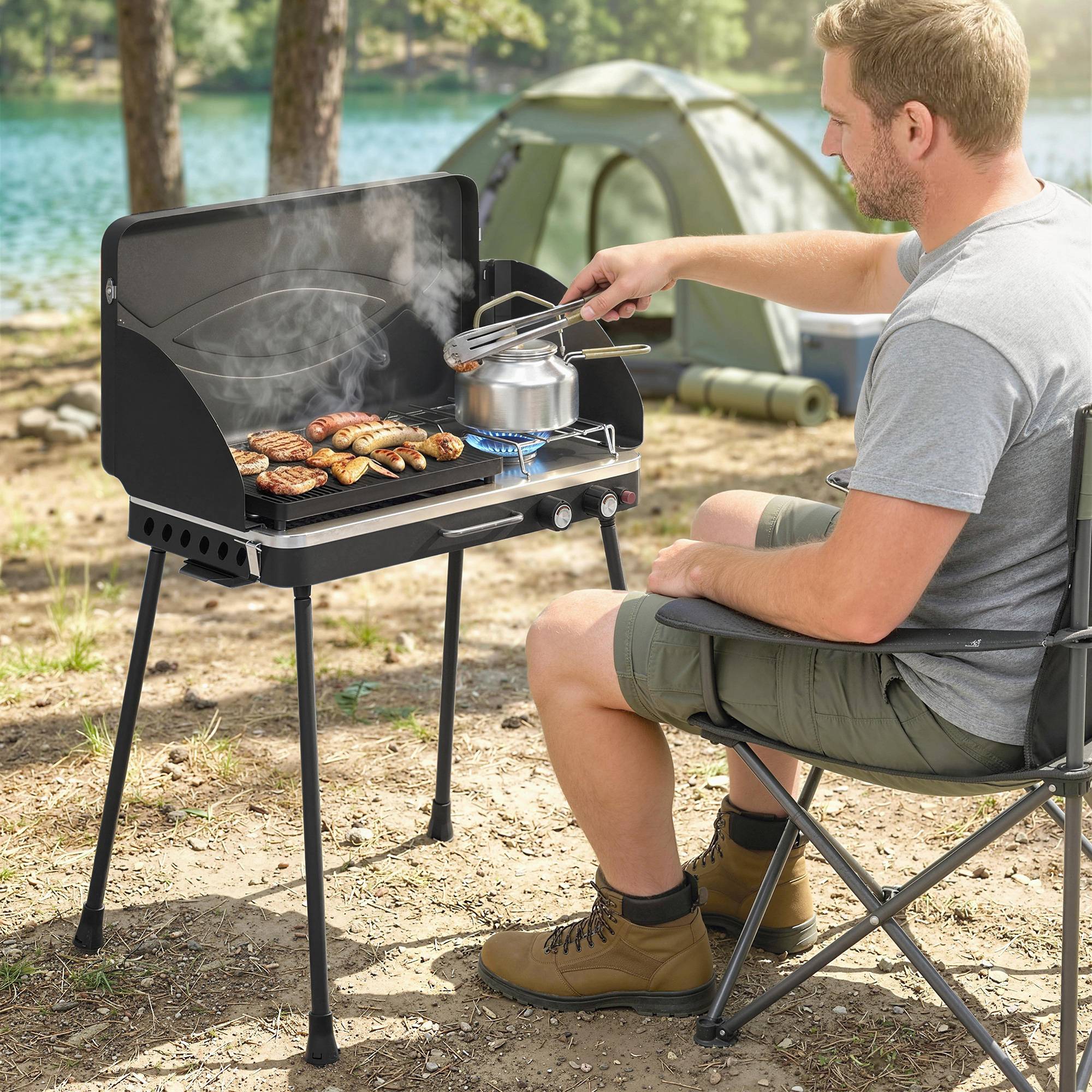 Sans Marque - Barbecue portable 2en1 au propane avec grill et réchaud 7kW noir - Image 4