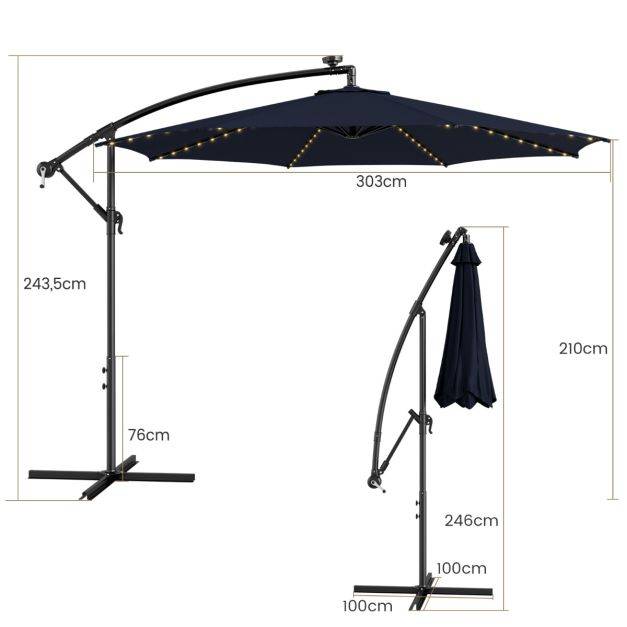 Helloshop26 - Parasol déporté inclinable 3 m avec 112 lumières led avec panneau solaire base croisée manivelle verrou de sécurité bleu - Image 6