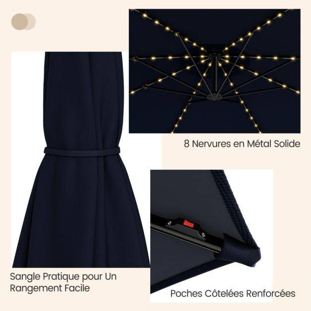 Helloshop26 - Parasol déporté inclinable 3 m avec 112 lumières led avec panneau solaire base croisée manivelle verrou de sécurité bleu - Image 3