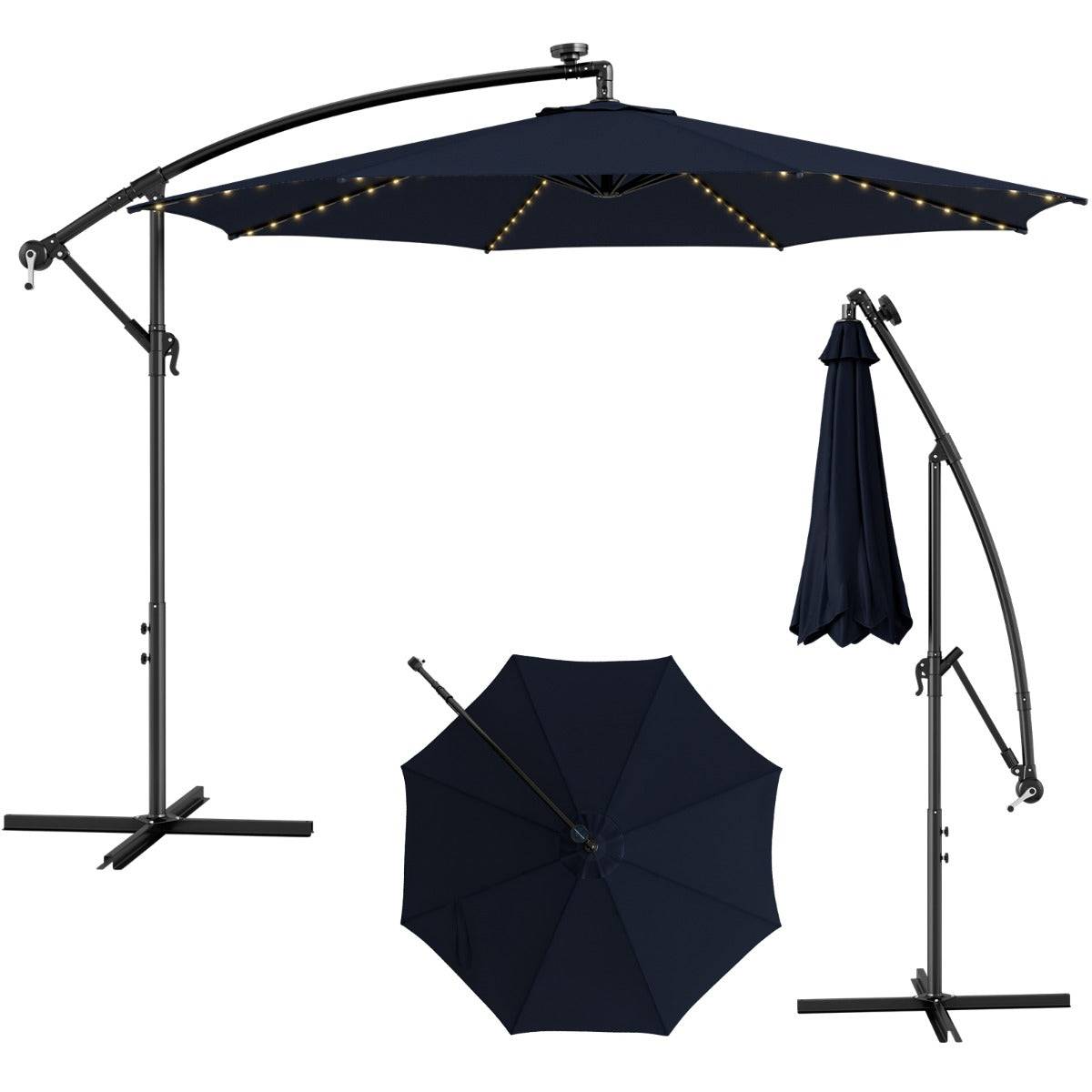 Helloshop26 - Parasol déporté inclinable 3 m avec 112 lumières led avec panneau solaire base croisée manivelle verrou de sécurité bleu - Image 1