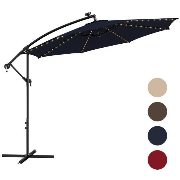 Helloshop26 - Parasol déporté inclinable 3 m avec 112 lumières led avec panneau solaire base croisée manivelle verrou de sécurité bleu - Image 2