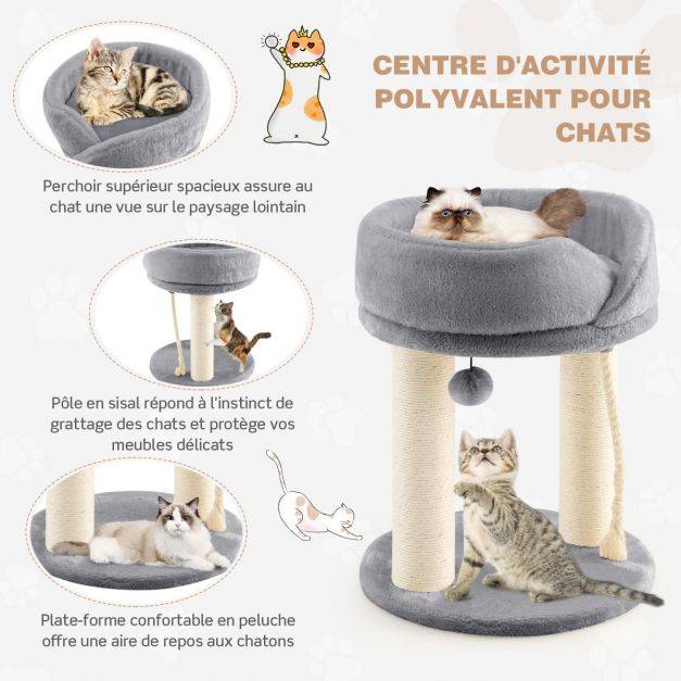 Helloshop26 - Arbre à chat tour d'arbre griffoir 2 plateformes avec perchoir à dessus souple boule de fourrure 53 cm corde en sisal gris - Image 5