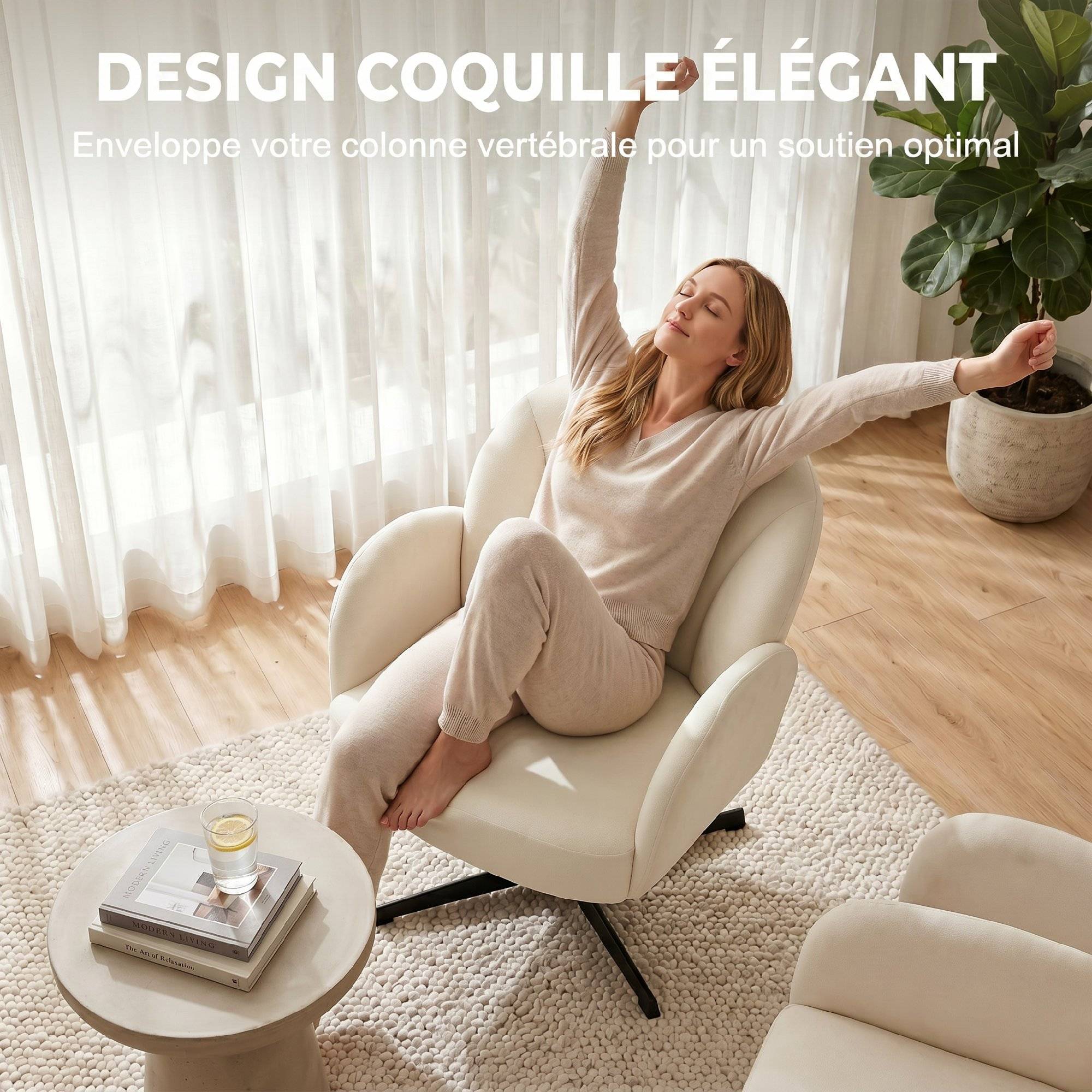 Fauteuil salon pivotant fauteuil d'appoint rembourré en velours dossier en forme de coquille coussin à ressorts beige - Image 6