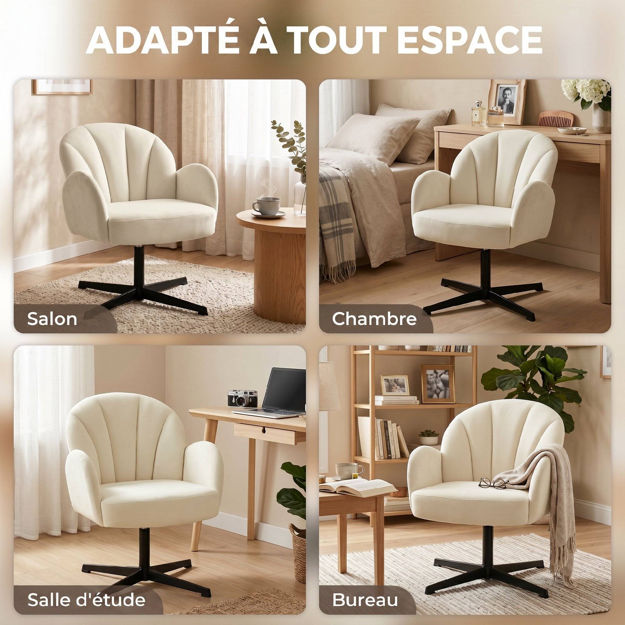 Fauteuil salon pivotant fauteuil d'appoint rembourré en velours dossier en forme de coquille coussin à ressorts beige - Image 9