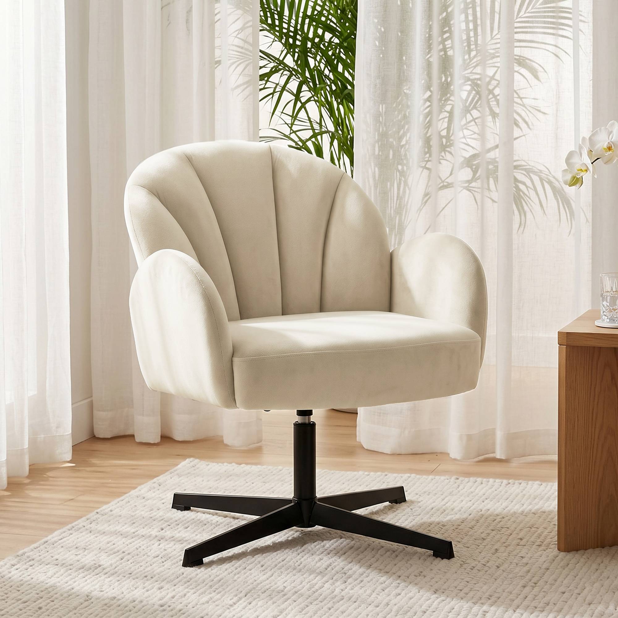 Fauteuil salon pivotant fauteuil d'appoint rembourré en velours dossier en forme de coquille coussin à ressorts beige - Image 3