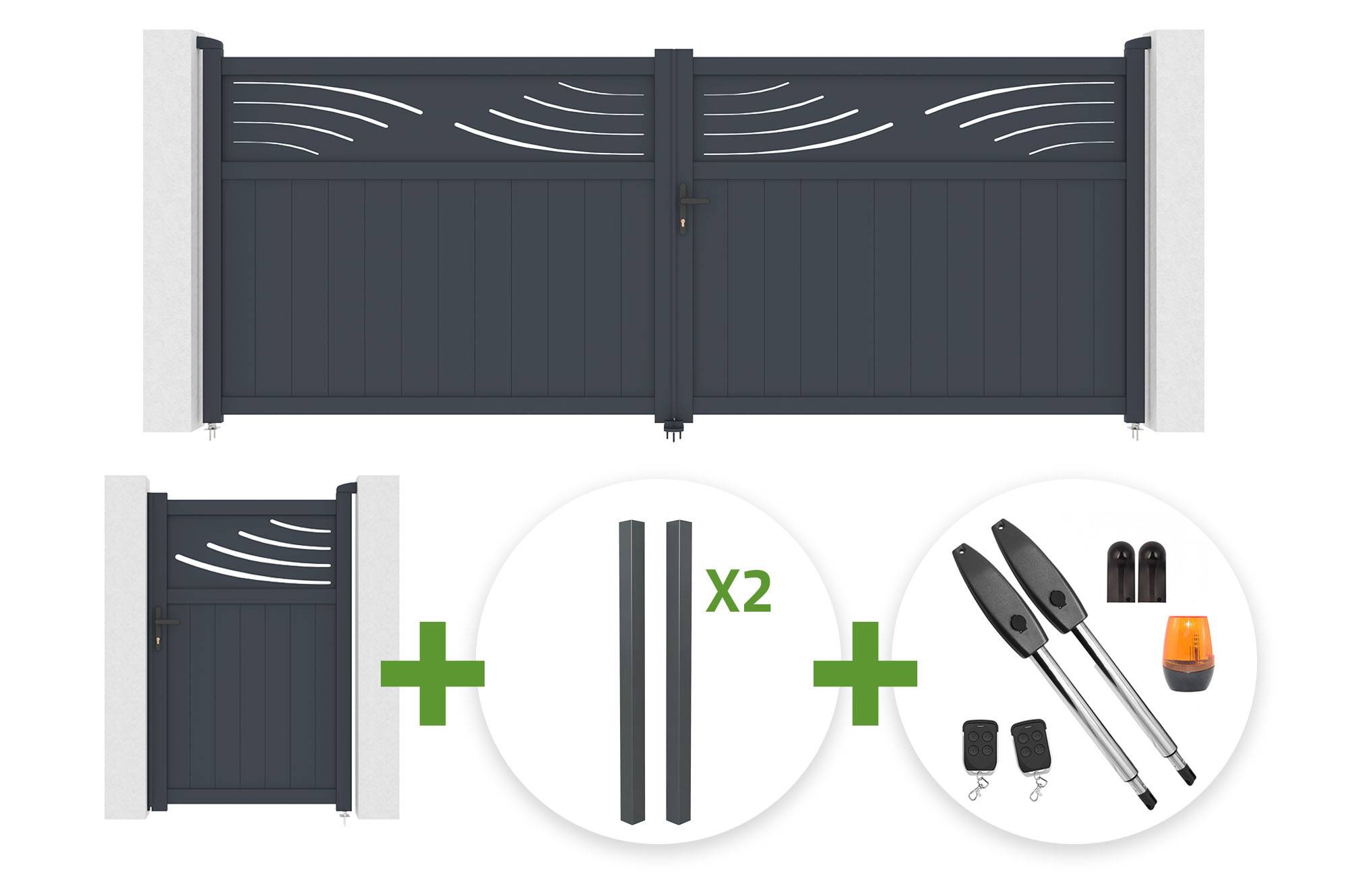 CASANOOV - Portail battant 4m HALTI H.160cm aluminium gris + 4 poteaux ELDA + Portillon 1m HALTI H.160cm aluminium gris + motorisation Tanker B250 - Image 1