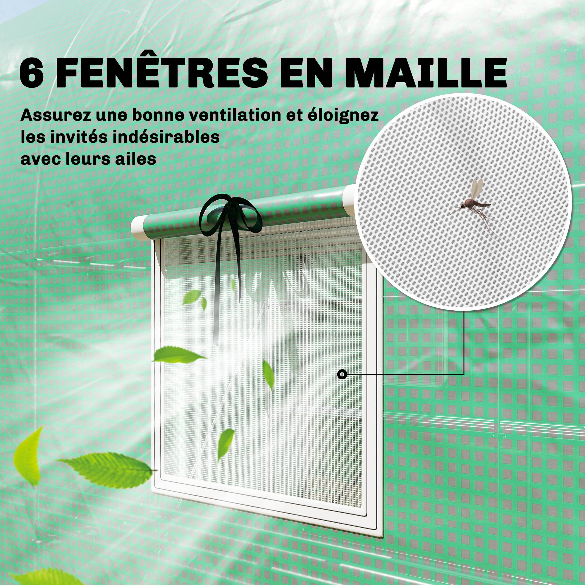 Serre tunnel de jardin 6m², serre de jardin avec étagères, porte et 6 fenêtres, cadre en acier galvanisé, vert - Image 10