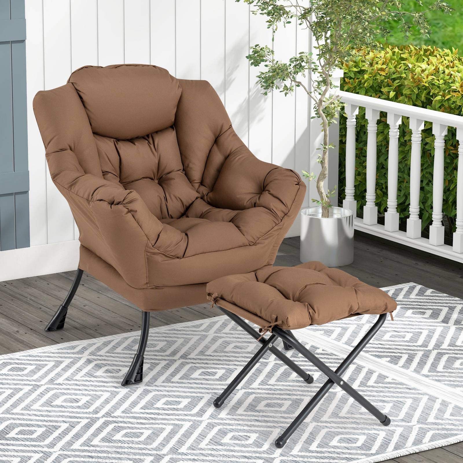 Fauteuil Salon Scandinave avec Repose-Pieds, Fauteuil Relax avec Oreiller et Poche Latérale, Cadre en Métal pour Charger 150 kg, Café
