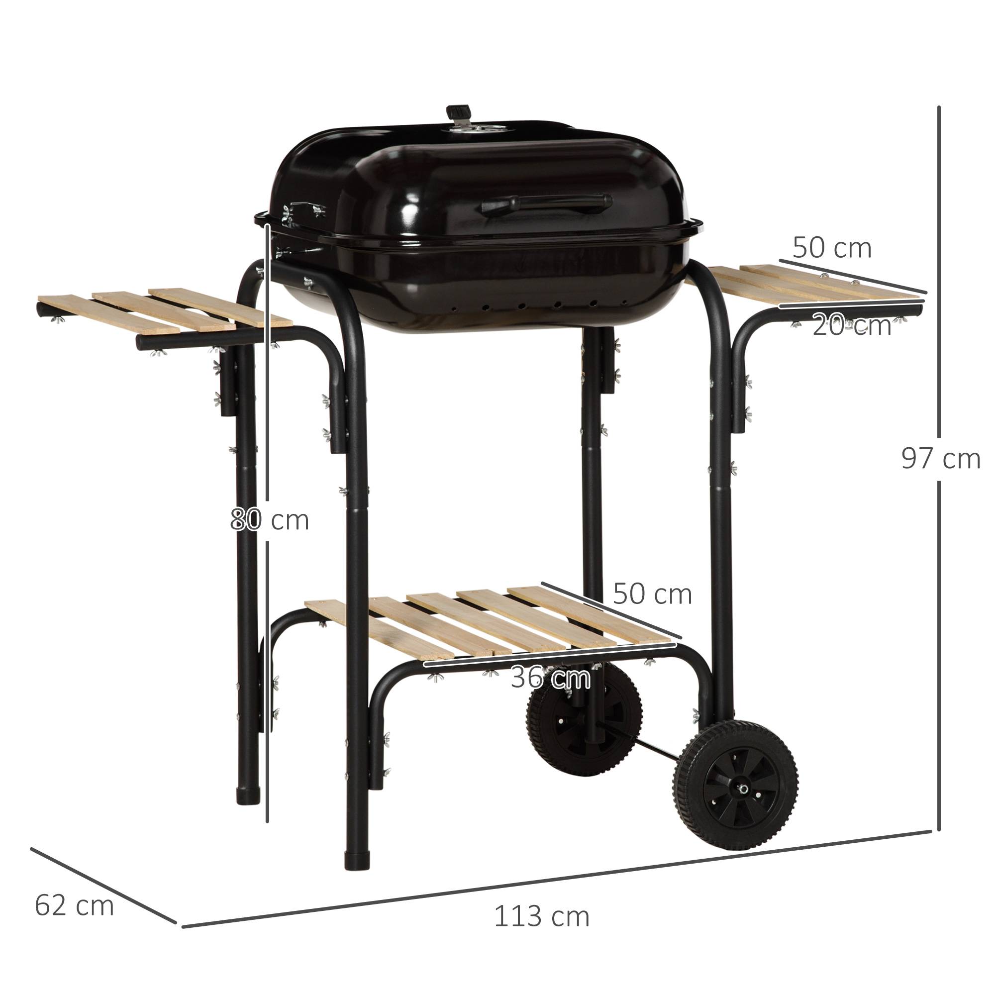 Outsunny - Barbecue à charbon - couvercle, roulettes - 3 étagères, crochets, ustensiles, 2 grilles, cuve charbon amovible - bois acier émaillé noir - Outsunny - Image 3