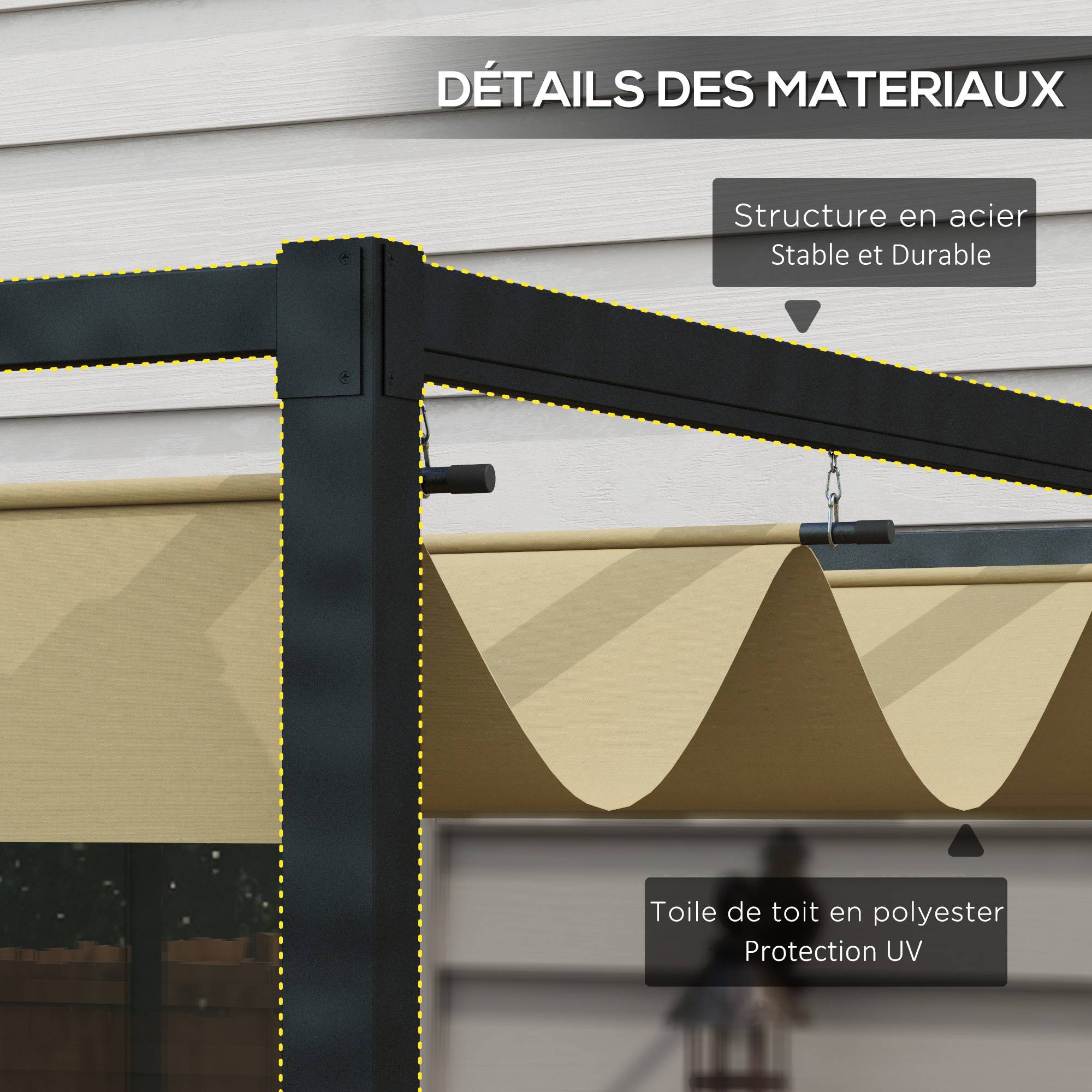 Pergola coulissante Pergola rétractable 3 x 2 m structure métal époxy anticorrosion toile polyester 180 g/m² kaki - Image 6