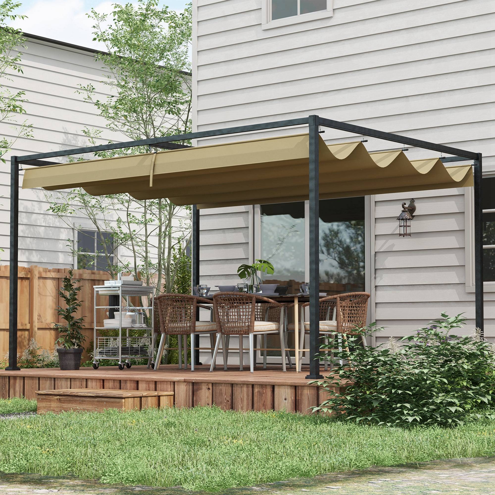Pergola coulissante Pergola rétractable 3 x 2 m structure métal époxy anticorrosion toile polyester 180 g/m² kaki - Image 3