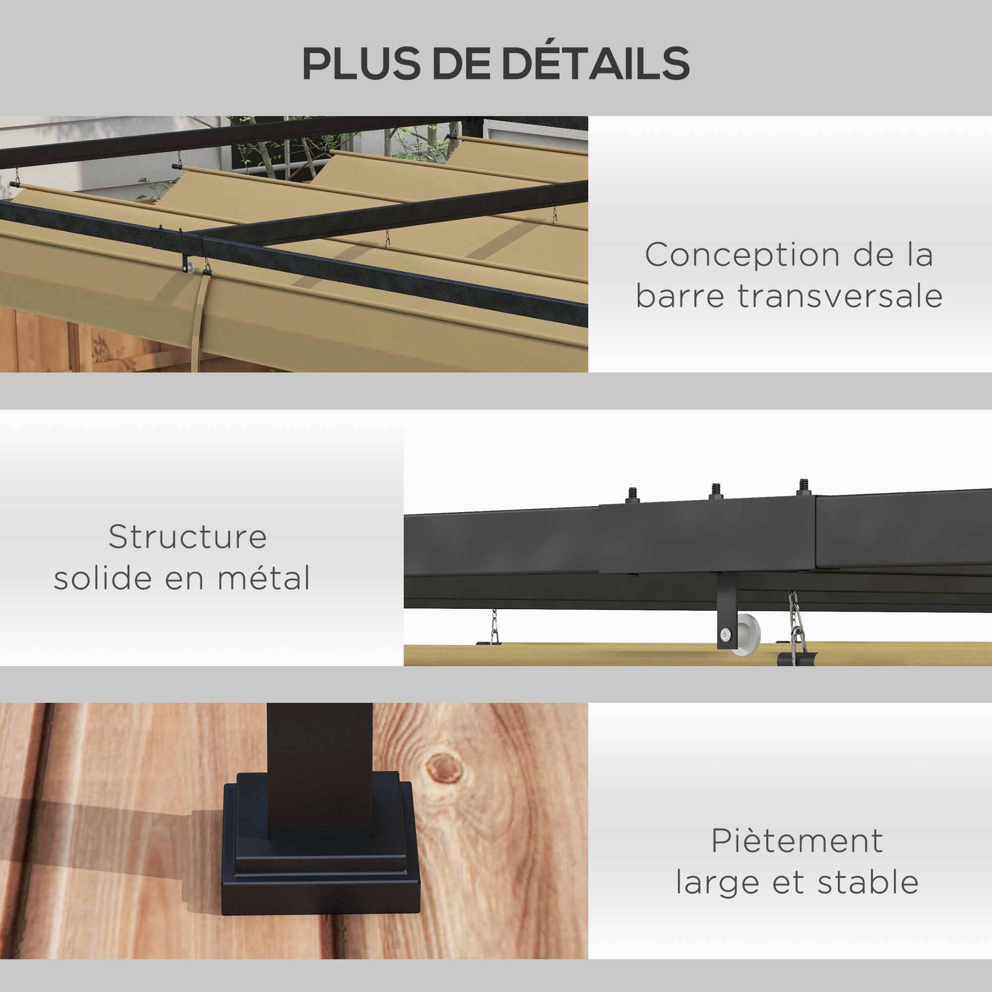 Pergola coulissante Pergola rétractable 3 x 2 m structure métal époxy anticorrosion toile polyester 180 g/m² kaki - Image 8
