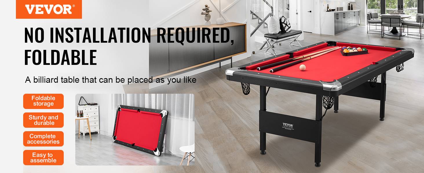 Vevor - VEVOR Table de billard pliable 192cm, kit complet accessoires, couleur noir/tissu rouge, pour maison, club. - Image 9