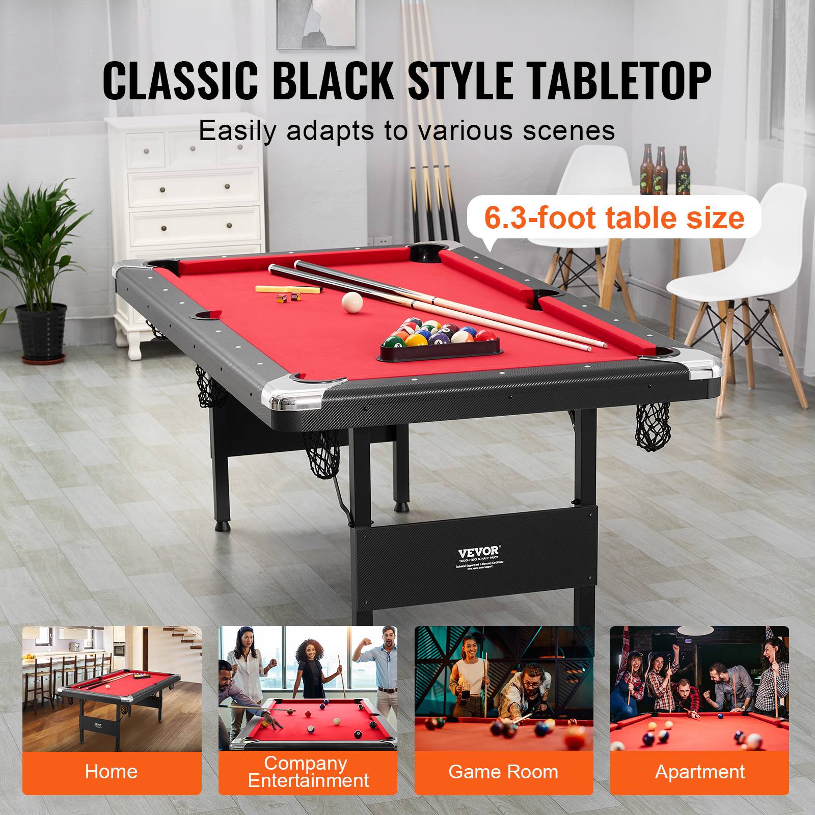 Vevor - VEVOR Table de billard pliable 192cm, kit complet accessoires, couleur noir/tissu rouge, pour maison, club. - Image 6