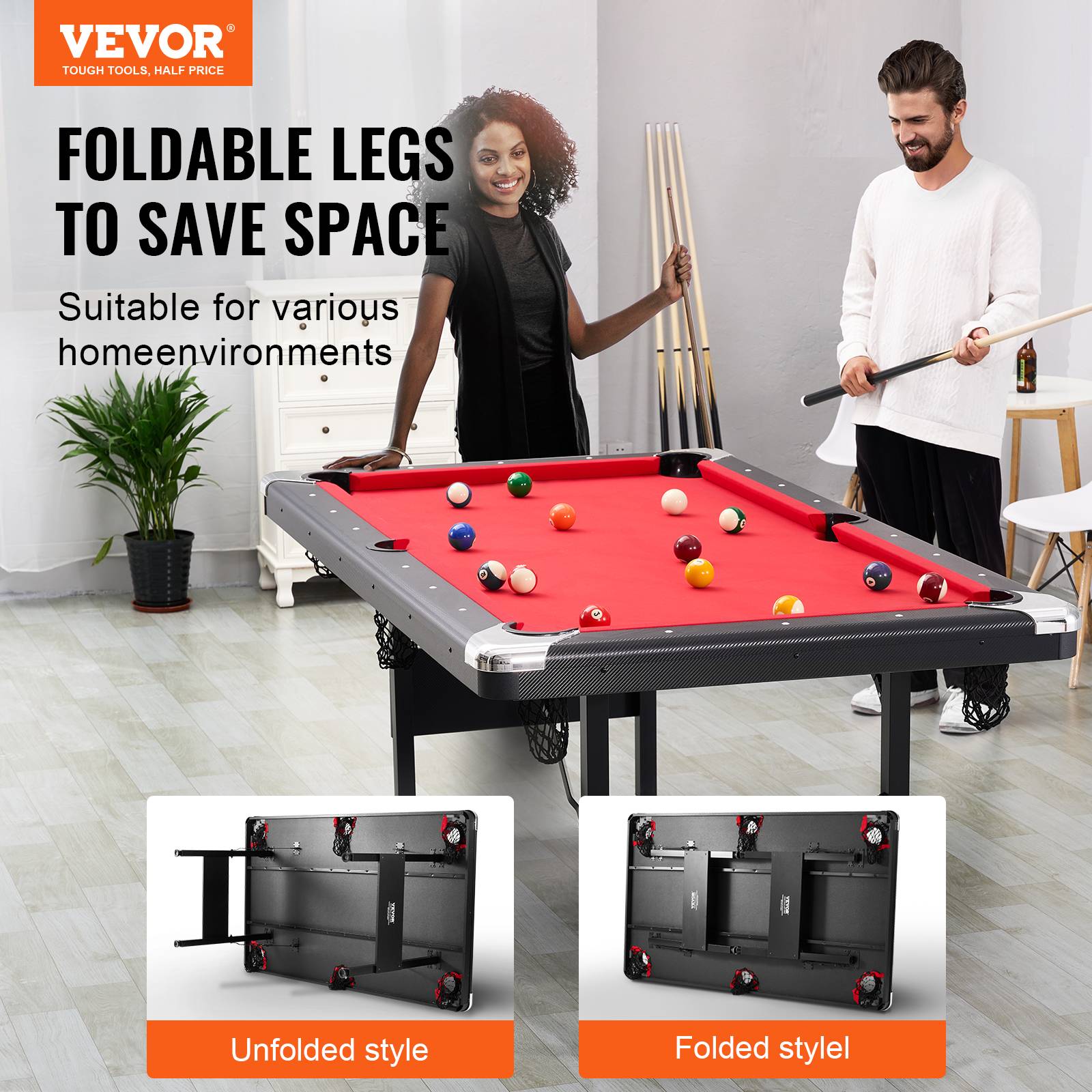 Vevor - VEVOR Table de billard pliable 192cm, kit complet accessoires, couleur noir/tissu rouge, pour maison, club. - Image 2