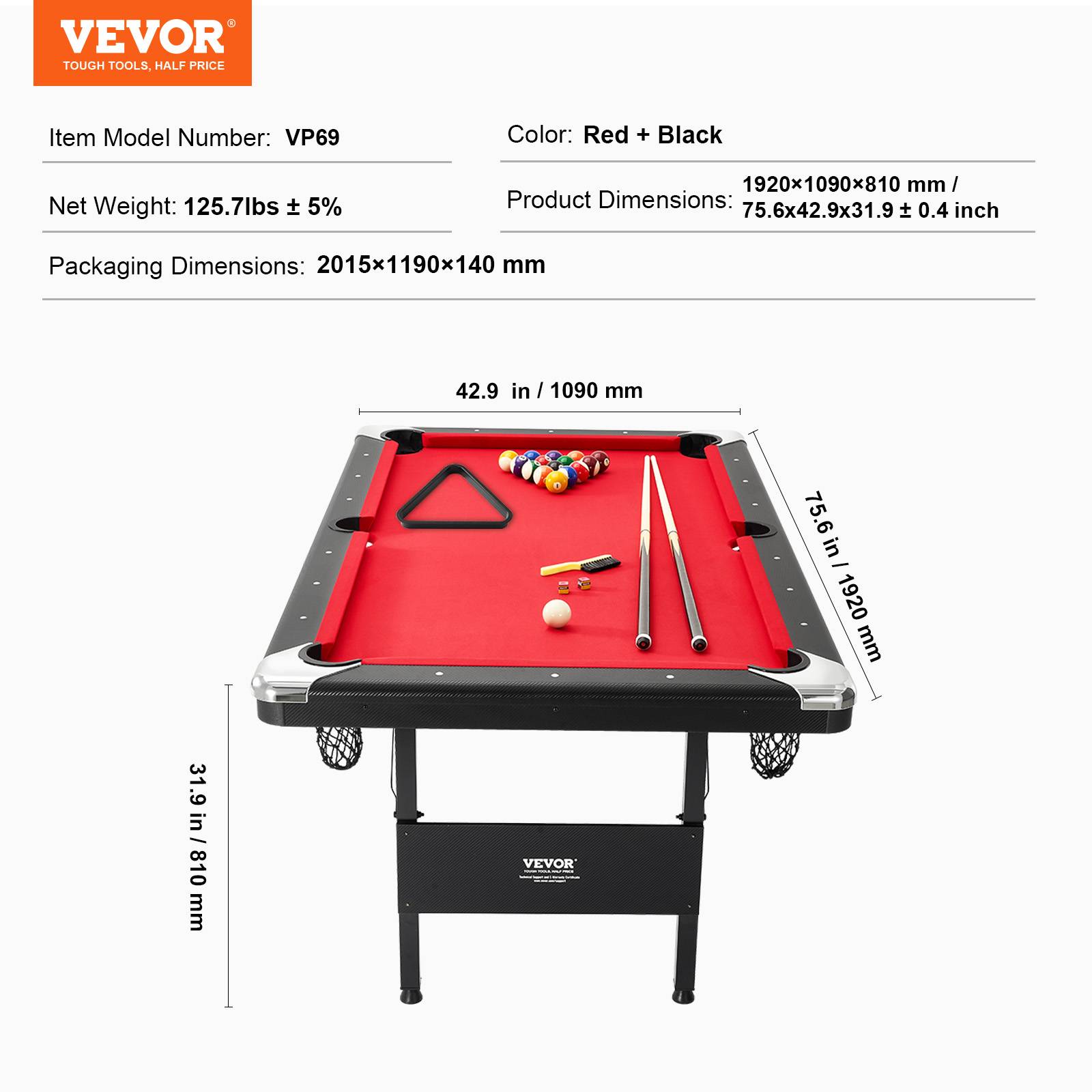 Vevor - VEVOR Table de billard pliable 192cm, kit complet accessoires, couleur noir/tissu rouge, pour maison, club. - Image 7