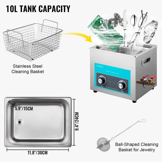 VEVOR Nettoyeur ultrasons VEVO 10L avec minuterie/chauffage, 220V, inox 40 kHz. - Image 6