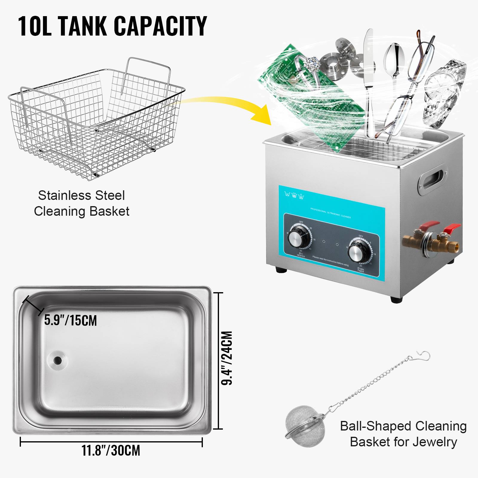 VEVOR Nettoyeur ultrasons VEVO 10L avec minuterie/chauffage, 220V, inox 40 kHz. - Image 6