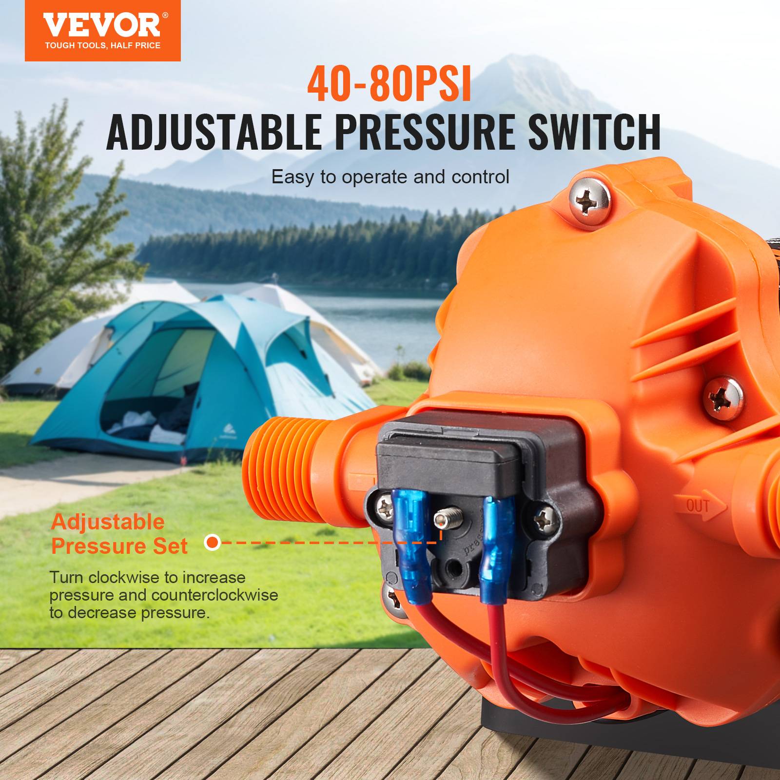 VEVOR Pompe à eau à membrane 12V 1,8 GPM 6,81 L/min 3 chambres, pressostat auto 60 PSI. - Image 3