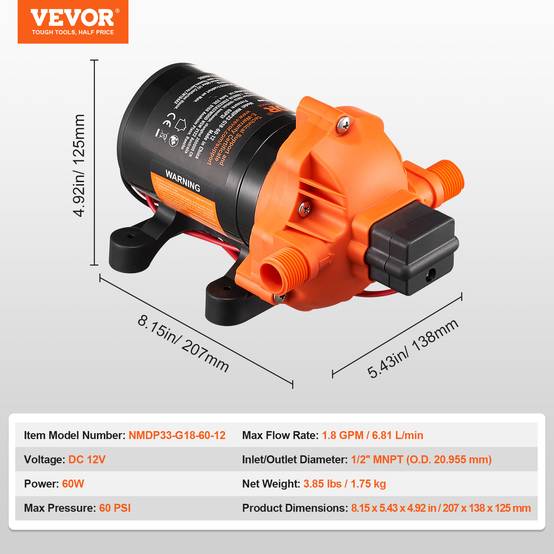 VEVOR Pompe à eau à membrane 12V 1,8 GPM 6,81 L/min 3 chambres, pressostat auto 60 PSI. - Image 7