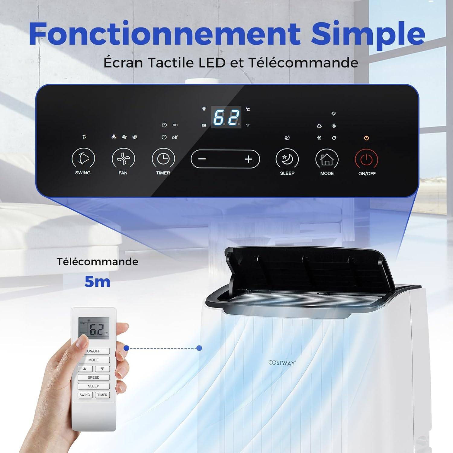 COSTWAY Climatiseur Mobile Silencieux 6 EN 1, Refroidissement,Chauffage,Ventilateur,Déshumidificateur,Mode Nuit, Rapide,Clim Mobile(Clim Pro|14000BTU) - Image 9