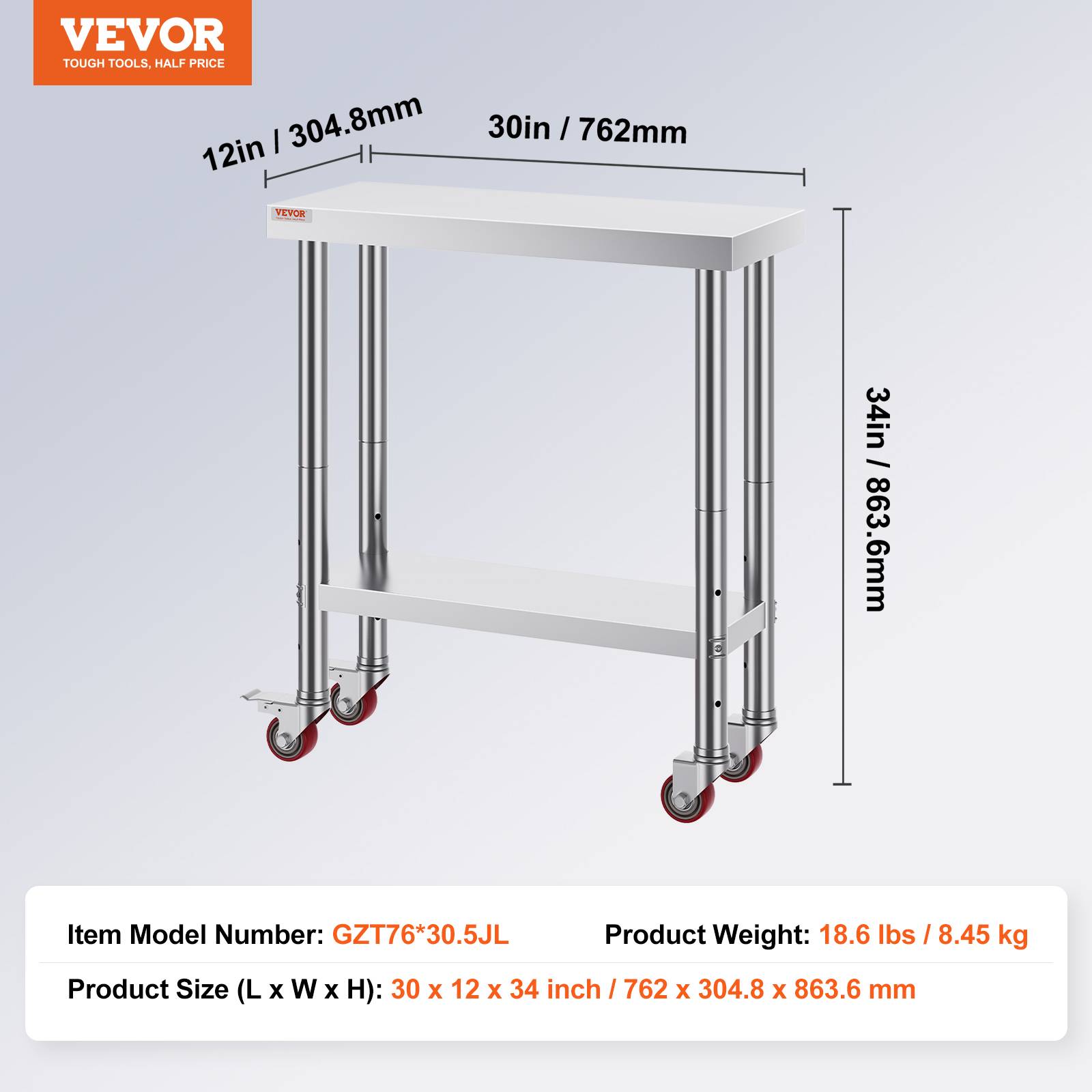 Vevor - VEVOR Table inox 2 étages 76x30x86cm, roulettes freins. Charge 160kg. Préparation alimentaire, restauration. - Image 7
