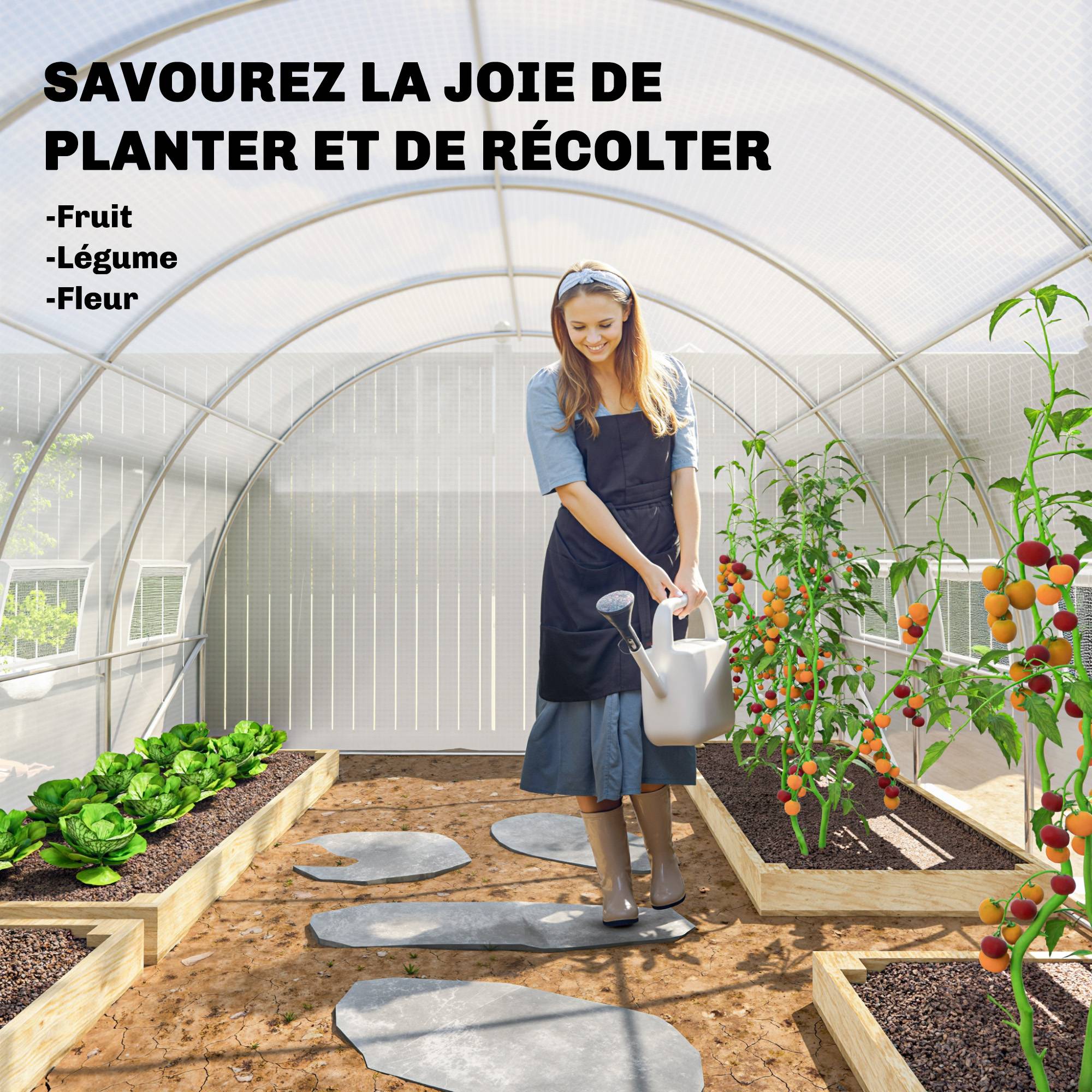 Serre de jardin tunnel 24m² 8L x 3l x 2H m - 16 fenêtres, Porte zippée enroulable acier galvanisé, bâche PE, Blanc - Image 10