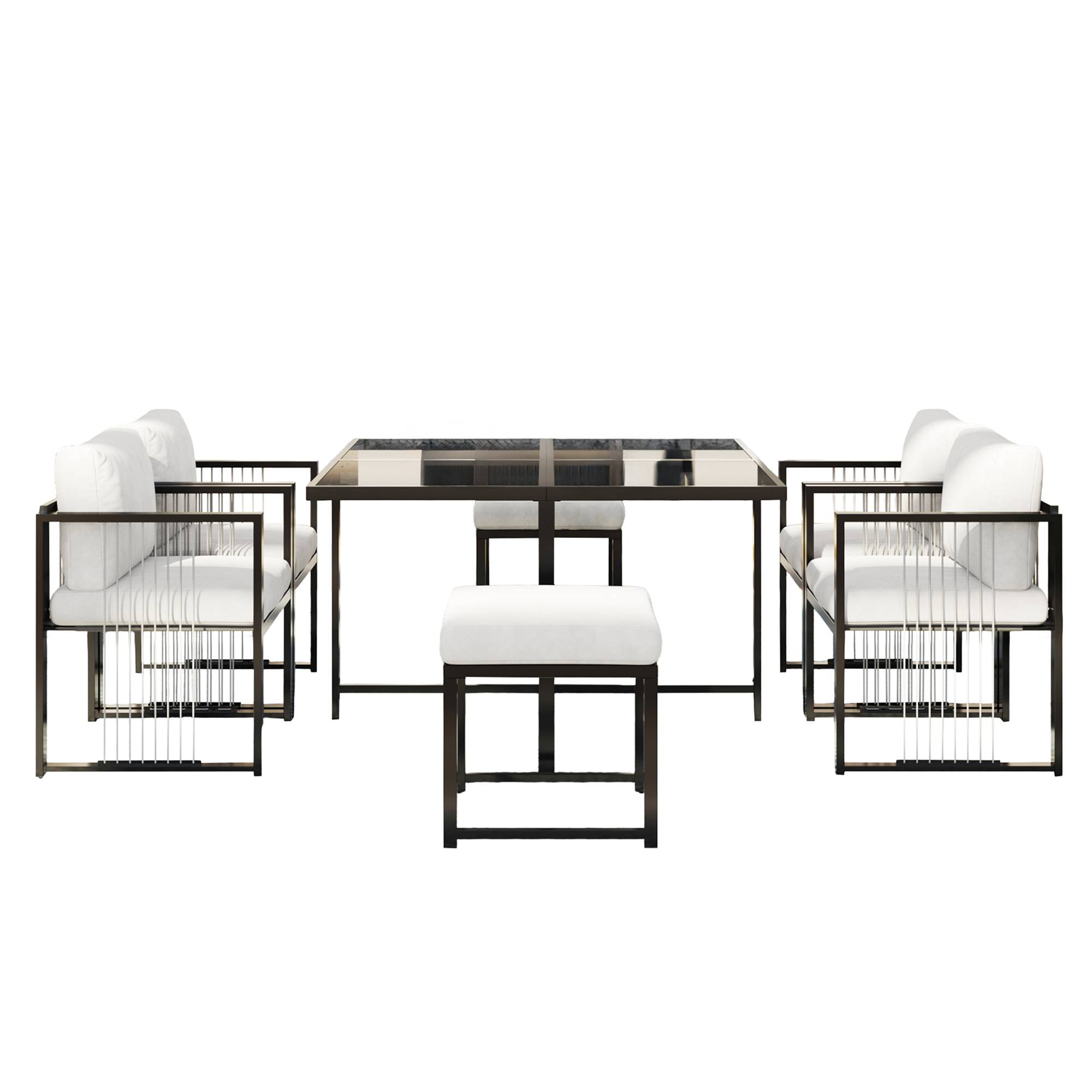 Ensemble Table et Chaise de Jardin avec Table 4 Fauteuils et 2 Poufs Tissu Noir et Blanc